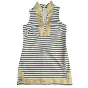 Eliza J Gold Metallic Striped Mandarin Collar Preppy Shift SIZE-12